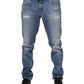Blue Washed Tattered Logo Plaque Denim Jeans