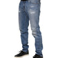 Blue Washed Tattered Logo Plaque Denim Jeans