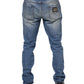 Blue Washed Tattered Logo Plaque Denim Jeans