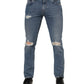 Blue Cotton Tattered Skinny Logo Denim Jeans