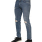 Blue Cotton Tattered Skinny Logo Denim Jeans
