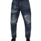 Blue Cotton Tattered Tapered Men Denim Jeans