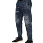Blue Cotton Tattered Tapered Men Denim Jeans