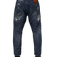 Blue Cotton Tattered Tapered Men Denim Jeans