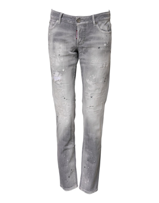Gray Washed Mid Waist Tapered Denim Jeans