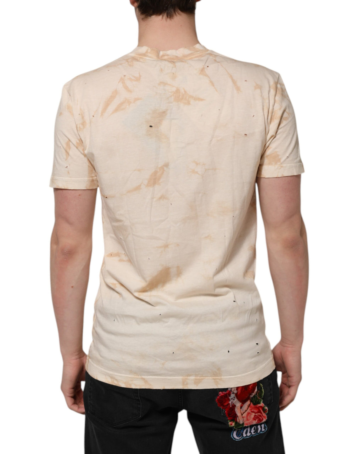 Beige Logo Print Short Sleeve V-neck T-shirt
