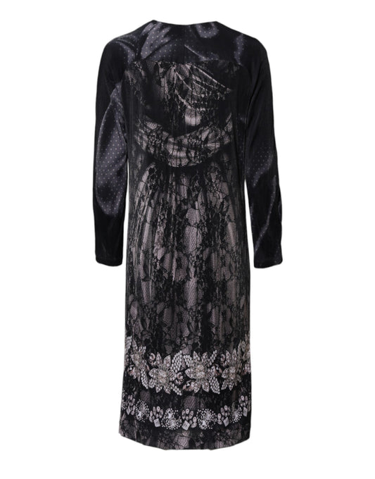 Black Floral Viscose Sheath Midi Dress