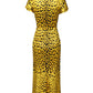 Yellow Polyester Leopard Midi Sheath Dress
