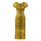 Yellow Polyester Leopard Midi Sheath Dress