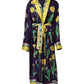 Blue Floral Print Silk Long Sleeves Wrap Robe