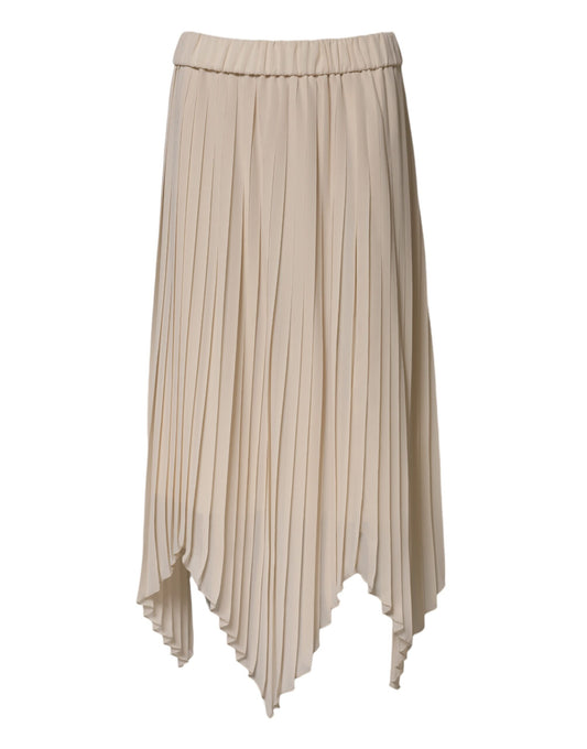 Beige Polyester Pleated A-line High Waist Midi Skirt