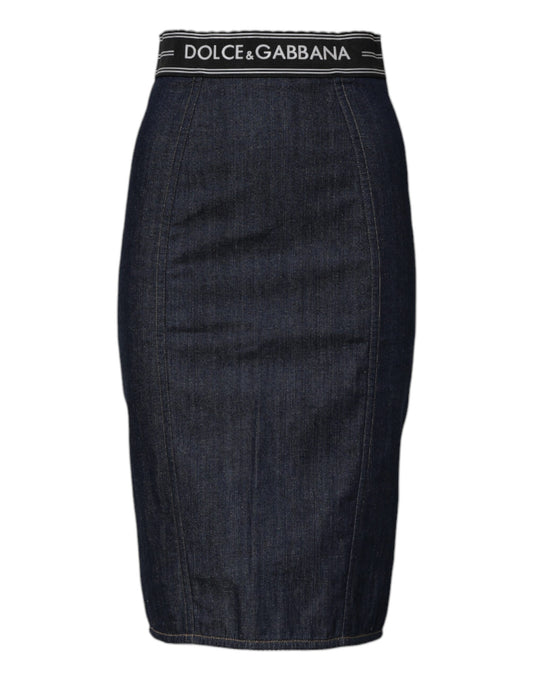Blue Cotton Denim Pencil Cut Midi Skirt