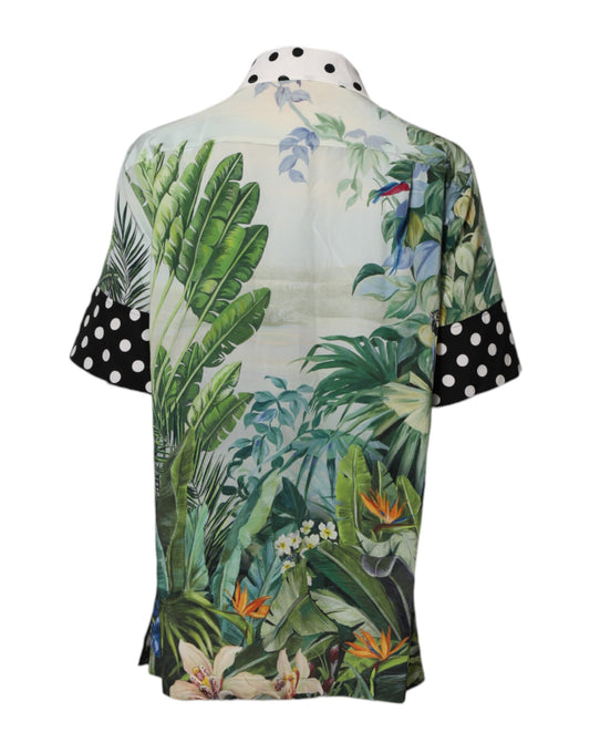 Multicolor Printed Silk Collared Shirt Top