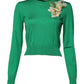 Green Floral Detailing Silk Pullover Sweater