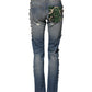 Blue Embellished Tattered SkinnyDenim Jeans