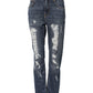Blue Cotton Boyfriend Tattered Denim Jeans