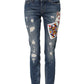 Blue Play Card Embroidery Skinny Denim Jeans