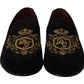 Elegant Black Loafers with Gold Crown Embroidery