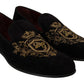 Elegant Black Loafers with Gold Crown Embroidery