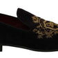 Elegant Black Loafers with Gold Crown Embroidery