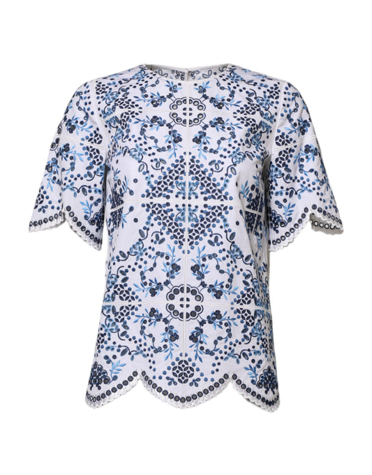 Blue Lace Eyelet Crew Neck Blouse Top