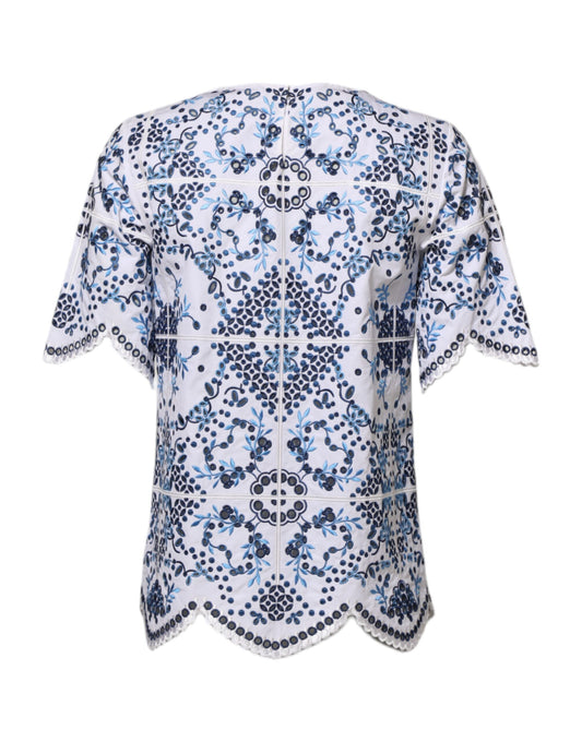 Blue Lace Eyelet Crew Neck Blouse Top