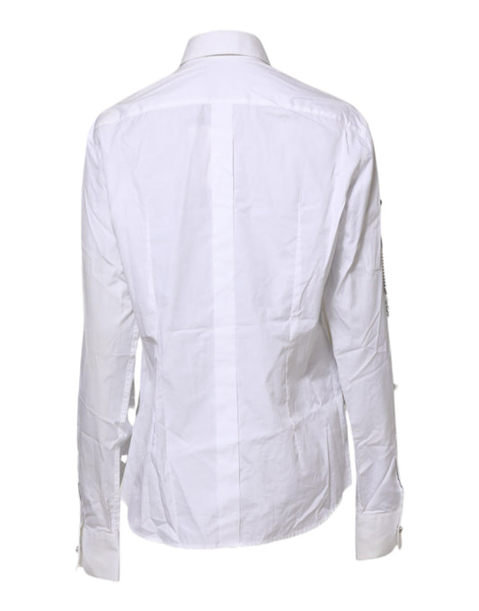 White Crystal Embellished Collared Shirt Top