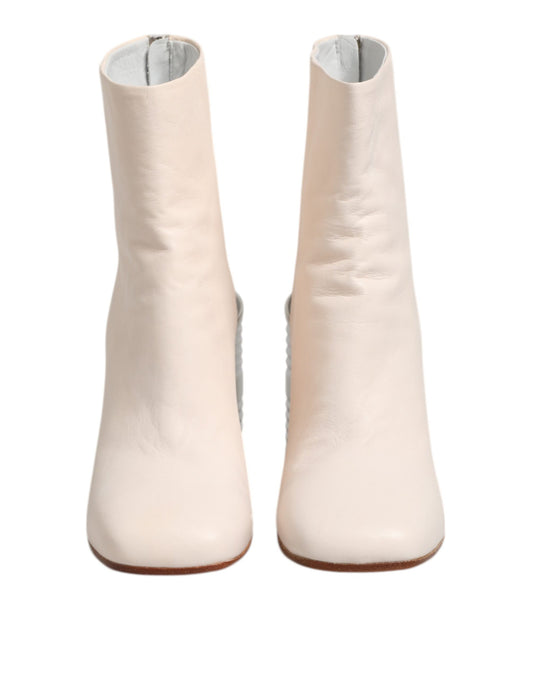 White Calf Leather Can Heel Boots Shoes