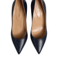 Blue Leather Pointed Toe Block Heels Shoes