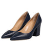 Blue Leather Pointed Toe Block Heels Shoes