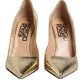 Gold Leather Pointed Toe Block Heels Shoes