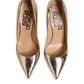 Gold Leather Pointed Toe Block Heels Shoes