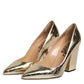 Gold Leather Pointed Toe Block Heels Shoes