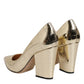 Gold Leather Pointed Toe Block Heels Shoes