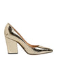 Gold Leather Pointed Toe Block Heels Shoes