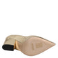 Gold Leather Pointed Toe Block Heels Shoes