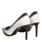 White Black Leather Pointed Toe Heels Shoes