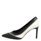 White Black Leather Pointed Toe Heels Shoes