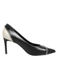 White Black Leather Pointed Toe Heels Shoes