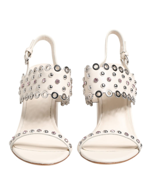 White Block Heeled Studded Quarter Strap Sandals Shoes