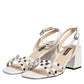 White Block Heeled Studded Wrap Strap Sandals Shoes