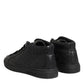 Black Leather Lace Up Mid Top Sneakers Shoes