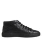Black Leather Lace Up Mid Top Sneakers Shoes