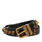 Black Leather Studded Gold Tone Buckle Belt