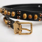 Black Leather Studded Gold Tone Buckle Belt