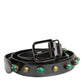 Black Leather Studded Silver Tone Buckle Belt