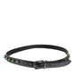 Black Leather Studded Silver Tone Buckle Belt