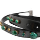 Black Leather Studded Silver Tone Buckle Belt
