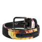 Black Floral Brocade Silver Metal Buckle Belt