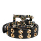 Black Leather Eyelet Crystal DG Buckle Belt